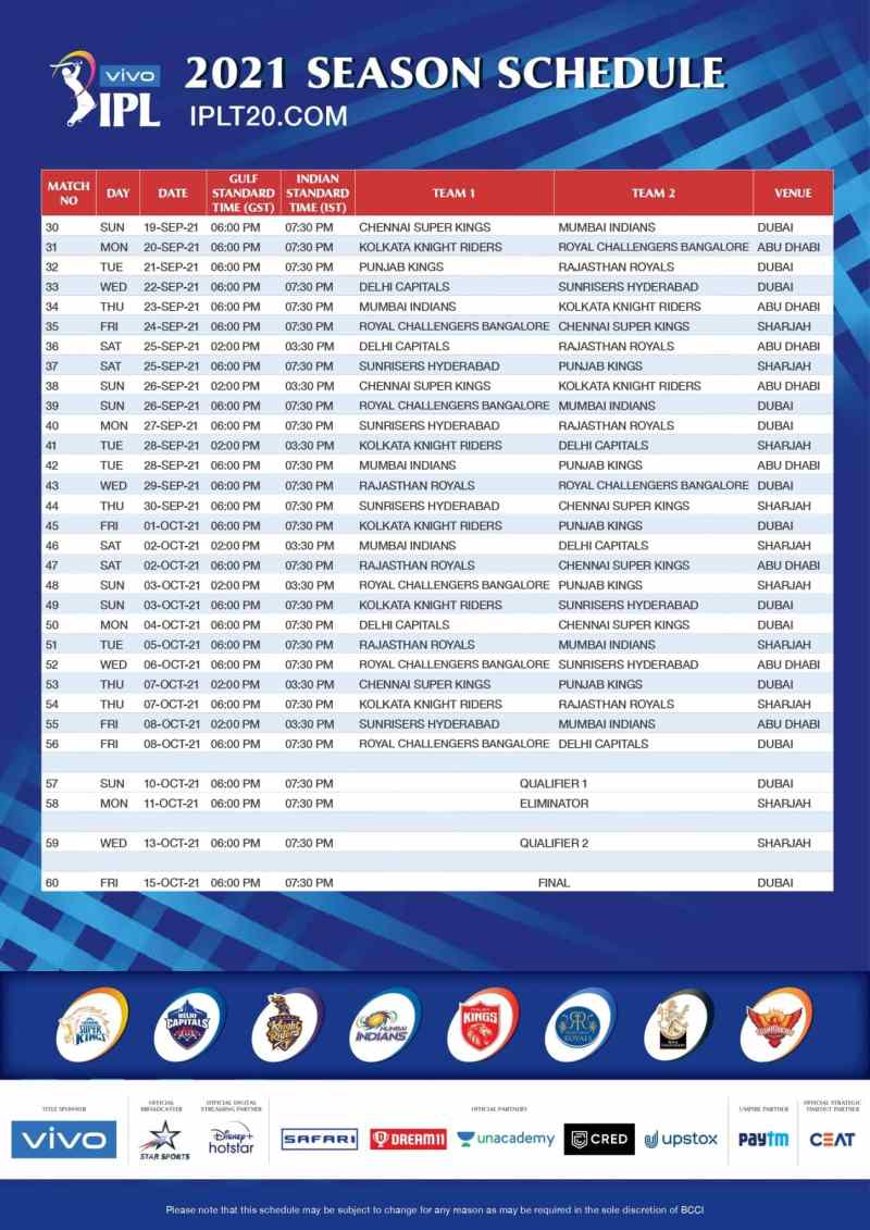 Cricket Time Table - HWH Planner